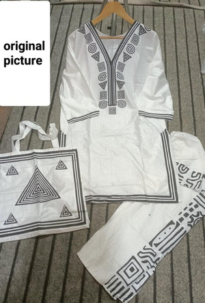 🤍 White Linen Printed Suit – 2 Pc with Handbag 🤍