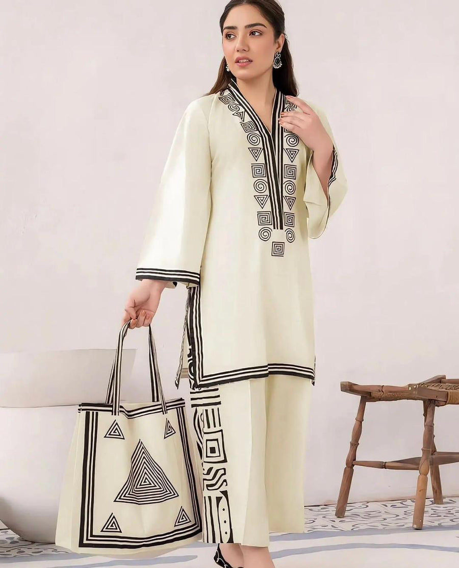 🤍 White Linen Printed Suit – 2 Pc with Handbag 🤍